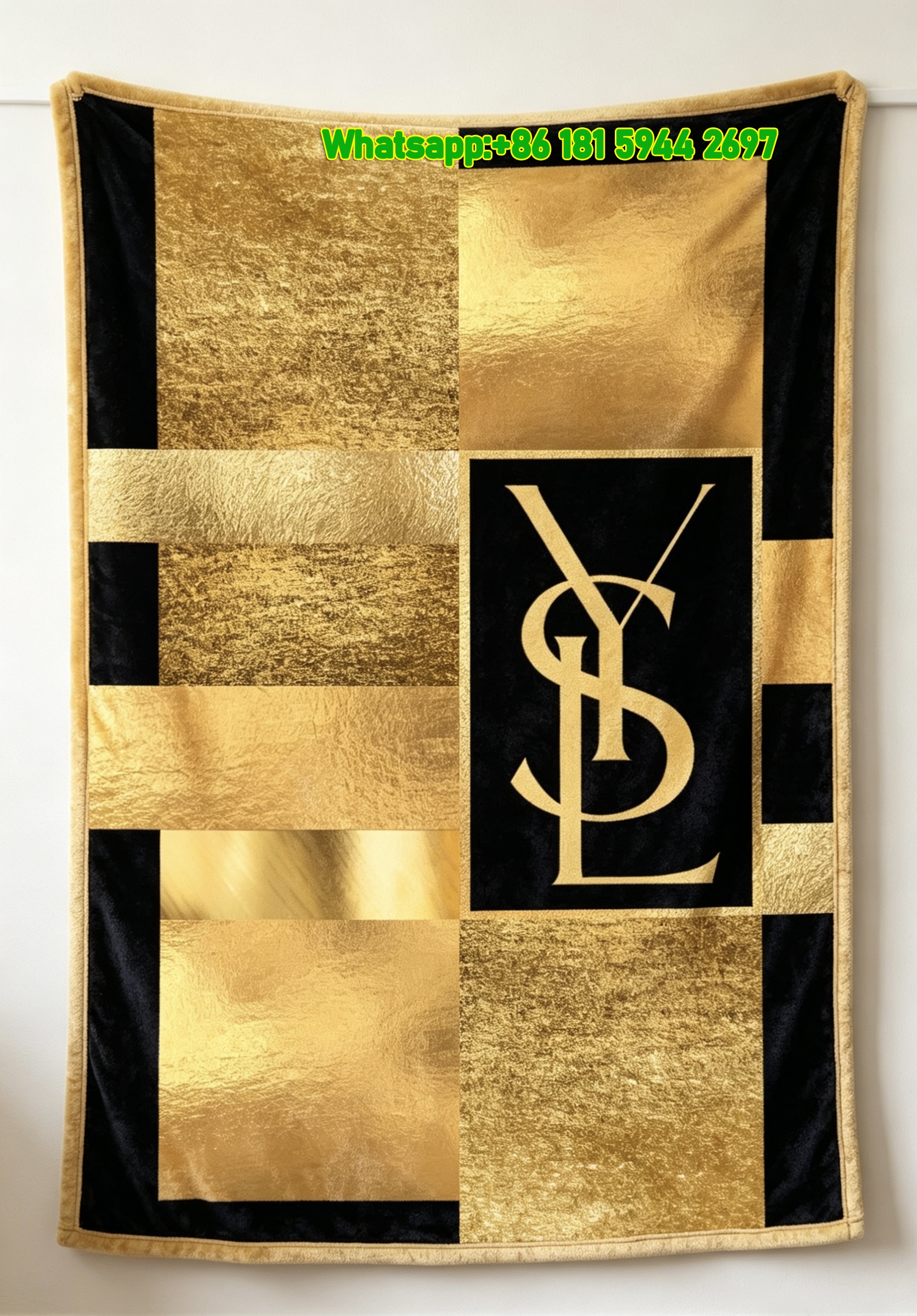 Yves Saint Laurent YSL Black and Gold Patchwork Logo Printed Fleece Throw Blanket IMG_3201